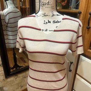 Dressbarn short sleeved v-neck tan shirt with red black stripes